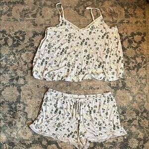 Floral Lace Trim Cami & Short Sleep Set - Light Gray